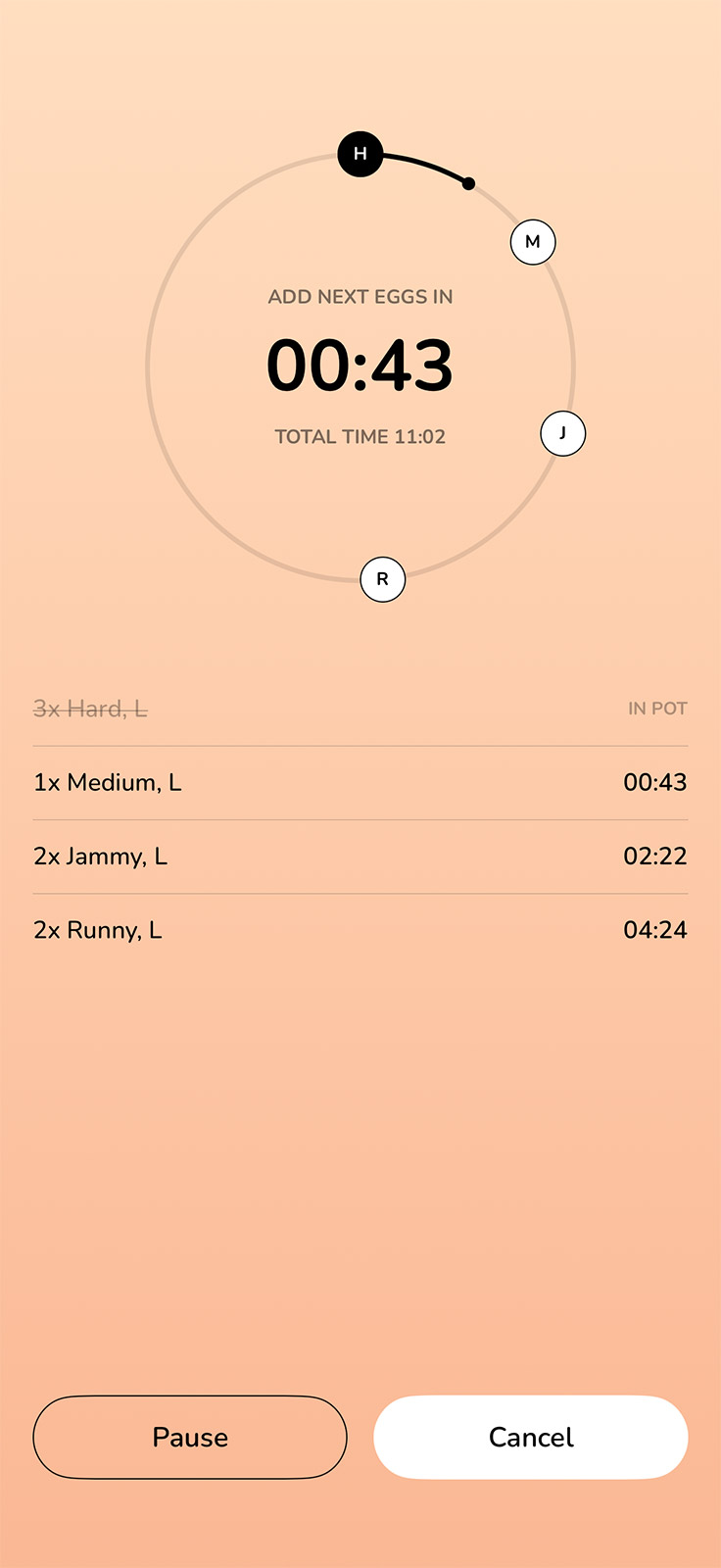 Different cook times screen